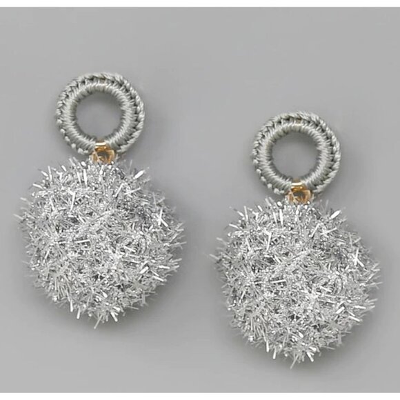 Core Tinsel Ball Holiday Hoop Dangle Earrings Silver NWT - Picture 1 of 1
